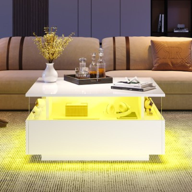 Coffee Table with Storage for Living Room, Modern LED Coffee Table, Square Tea Table with 2 Sliding Drawers Wood Center Table Acrylic Glass Coffee Table