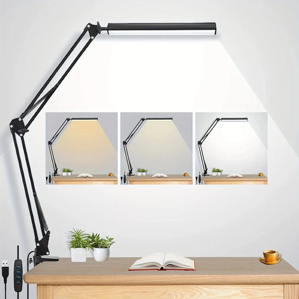 LED Desk Lamp for Home,Reading,Adjustable Eye-Caring Desk Light with Clamp, 3 Color Modes,10 Brightness Table Lamps