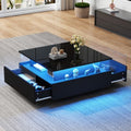 Coffee Table with Storage for Living Room, Modern LED Coffee Table, Square Tea Table with 2 Sliding Drawers Wood Center Table Acrylic Glass Coffee Table