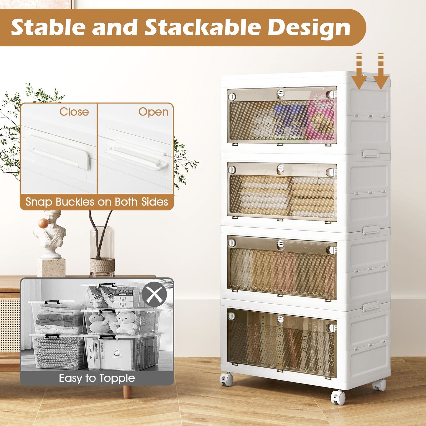 3-Tier/4-Tier Stackable Storage Bins with 3-Way-To-Open Drawers and Wheels