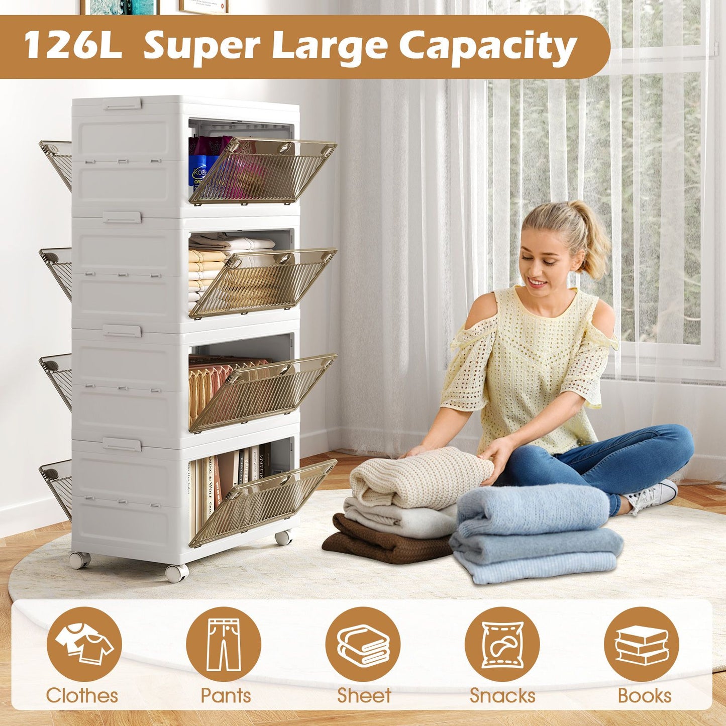 3-Tier/4-Tier Stackable Storage Bins with 3-Way-To-Open Drawers and Wheels