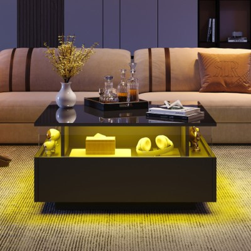 Coffee Table with Storage for Living Room, Modern LED Coffee Table, Square Tea Table with 2 Sliding Drawers Wood Center Table Acrylic Glass Coffee Table