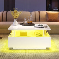Coffee Table with Storage for Living Room, Modern LED Coffee Table, Square Tea Table with 2 Sliding Drawers Wood Center Table Acrylic Glass Coffee Table