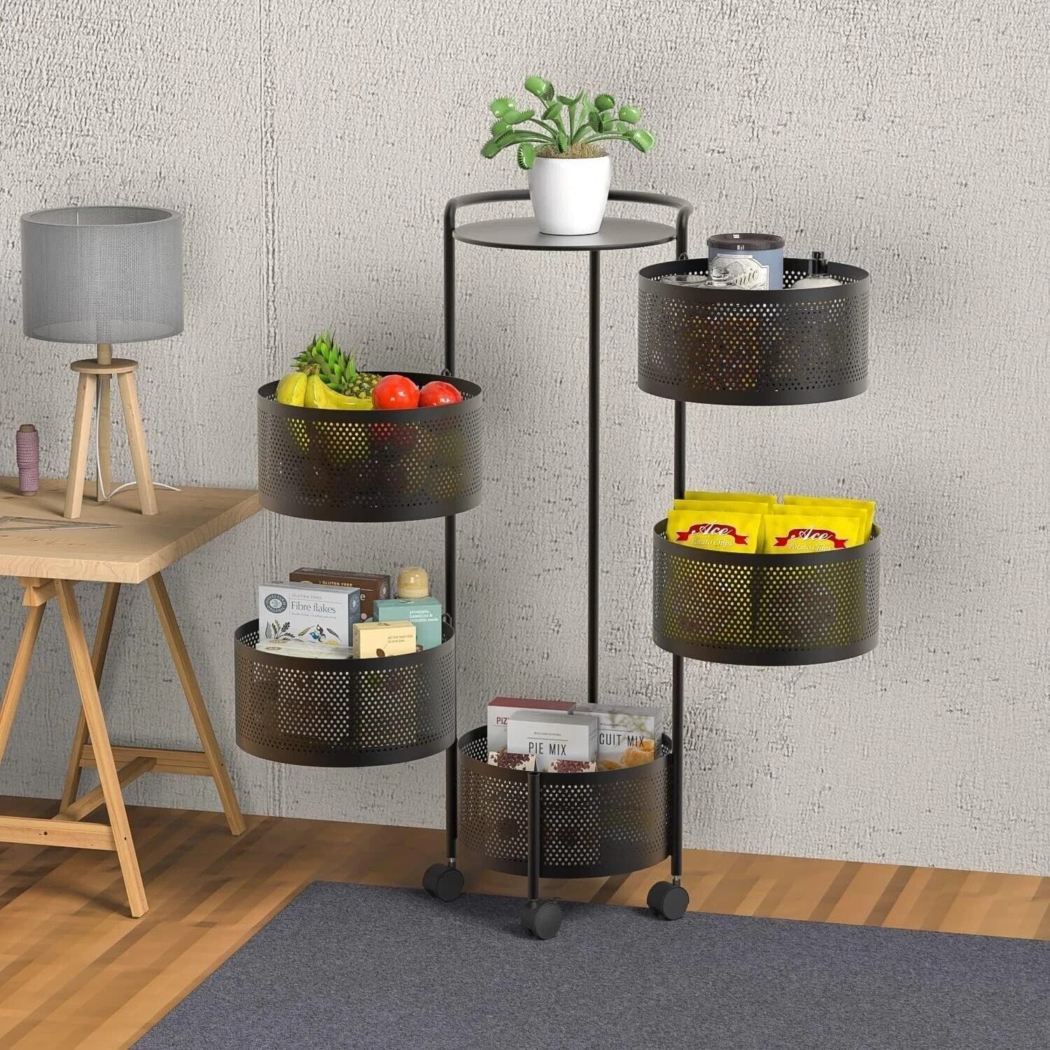 Rotating Storage Rack Trolley Cart Kitchen Bathroom Organizer Vegetable Shelf