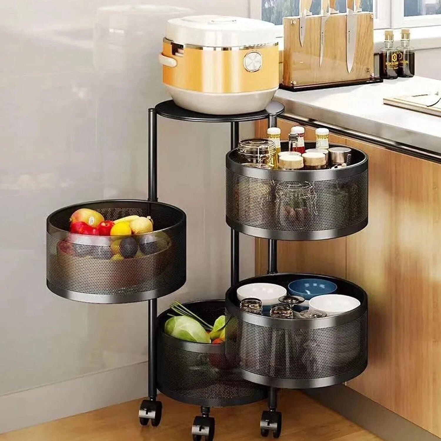Rotating Storage Rack Trolley Cart Kitchen Bathroom Organizer Vegetable Shelf