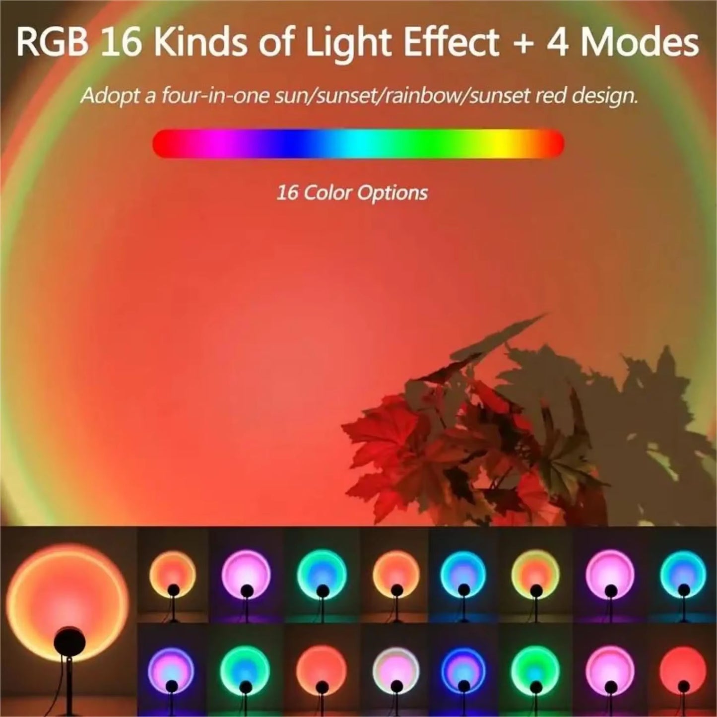 1Pc Vibrant Sunset Projection Light - 16-Color Spectrum, USB Remote Control, Dynamic Color Changing LED Light - Creates Warm Hom