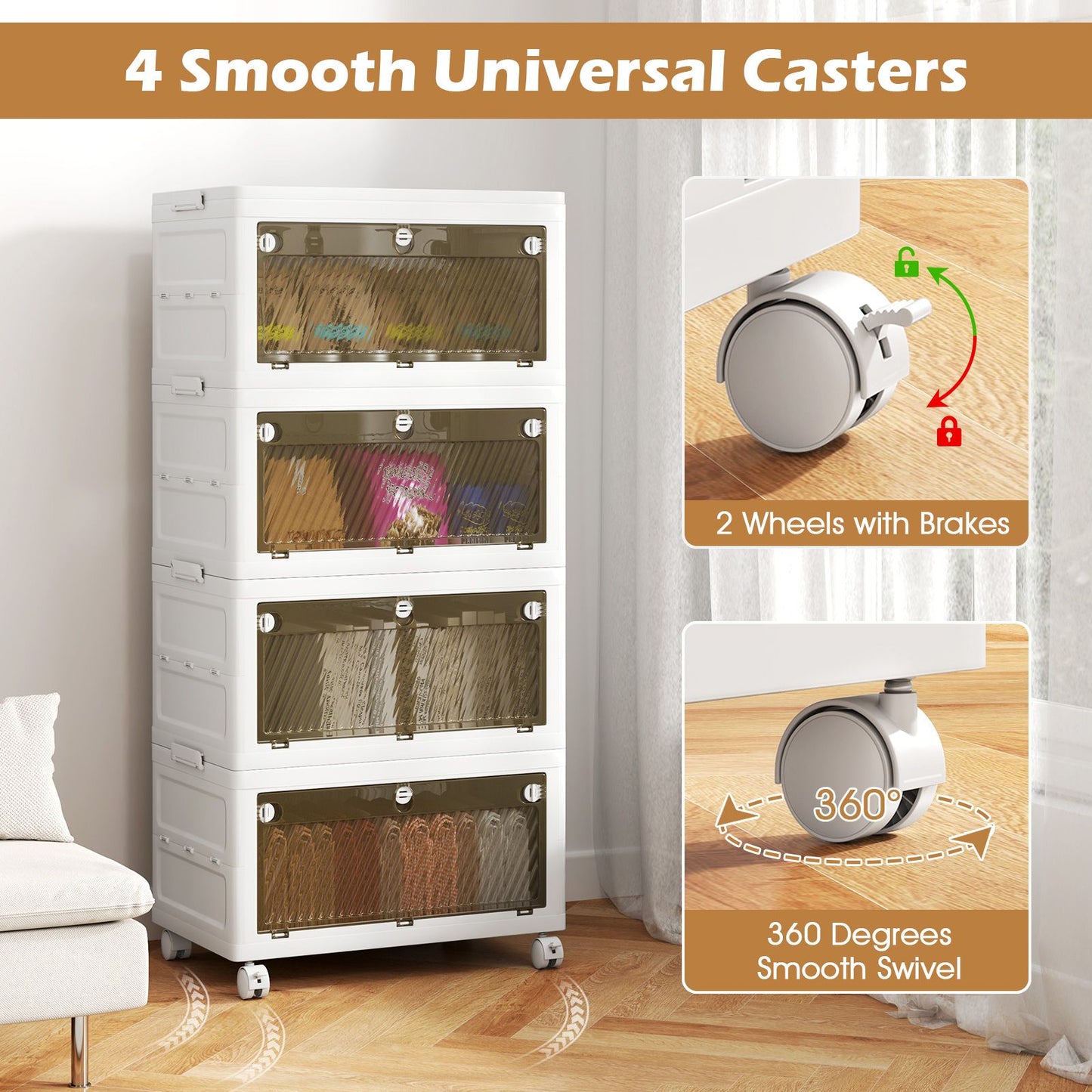 3-Tier/4-Tier Stackable Storage Bins with 3-Way-To-Open Drawers and Wheels