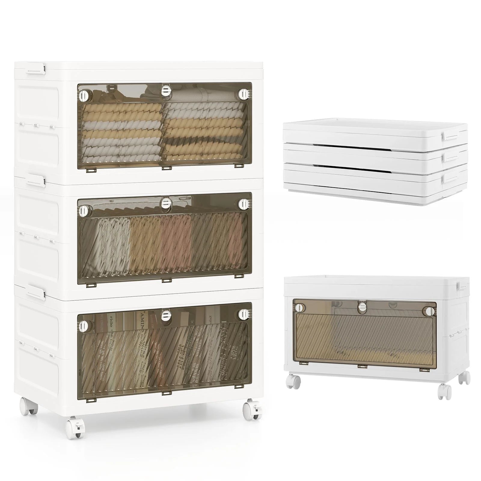 3-Tier/4-Tier Stackable Storage Bins with 3-Way-To-Open Drawers and Wheels
