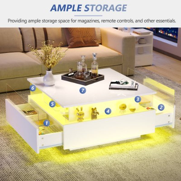 Coffee Table with Storage for Living Room, Modern LED Coffee Table, Square Tea Table with 2 Sliding Drawers Wood Center Table Acrylic Glass Coffee Table