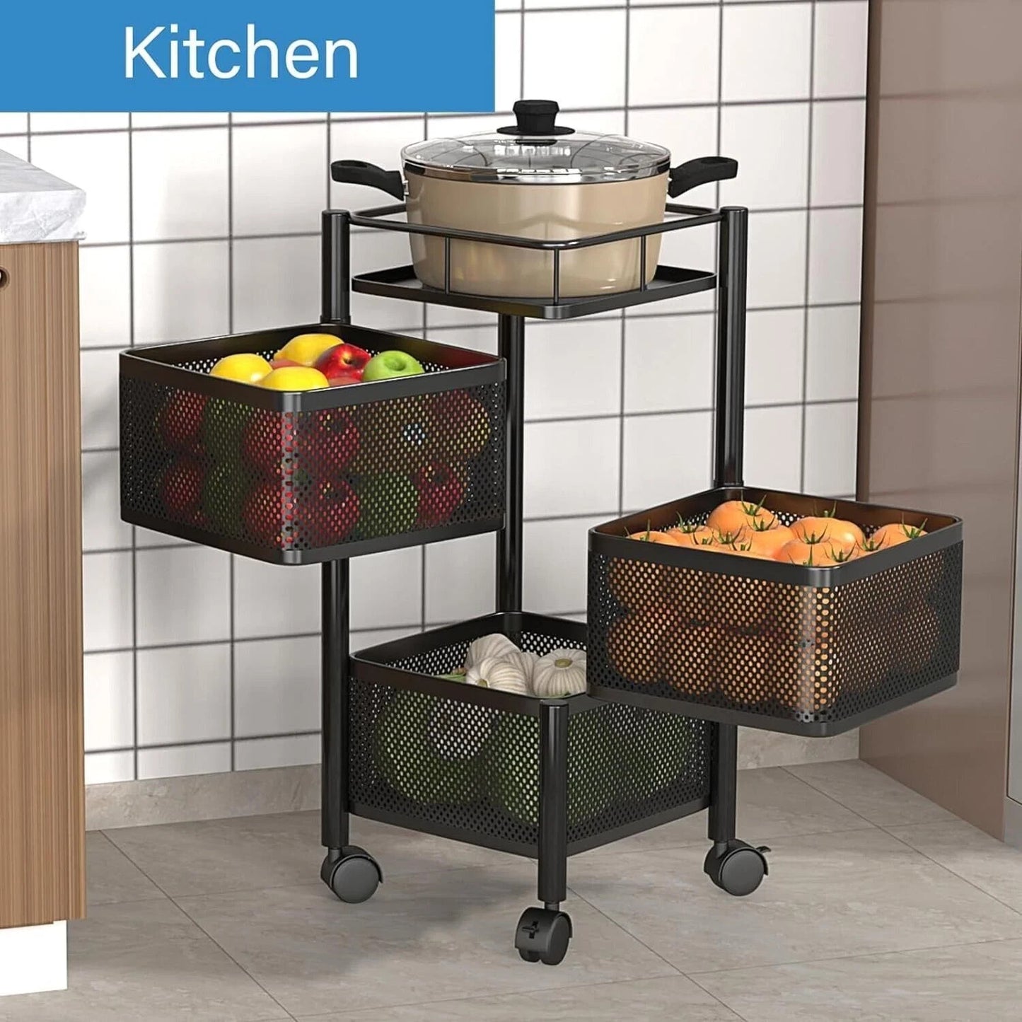 Rotating Storage Rack Trolley Cart Kitchen Bathroom Organizer Vegetable Shelf