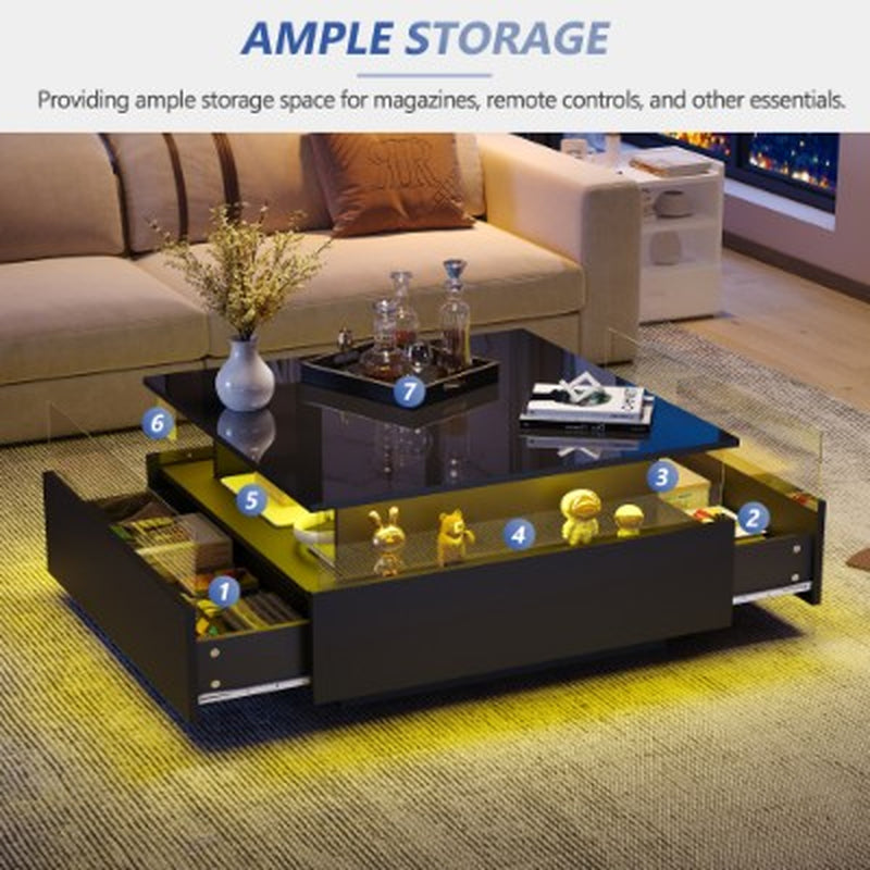Coffee Table with Storage for Living Room, Modern LED Coffee Table, Square Tea Table with 2 Sliding Drawers Wood Center Table Acrylic Glass Coffee Table