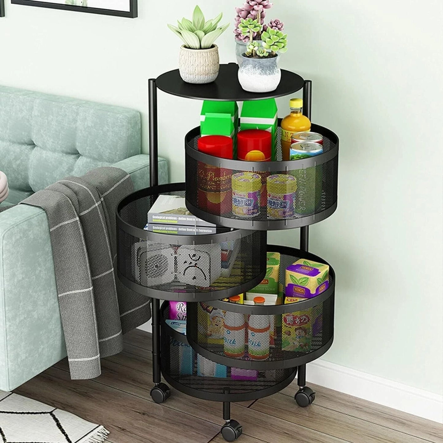 Rotating Storage Rack Trolley Cart Kitchen Bathroom Organizer Vegetable Shelf