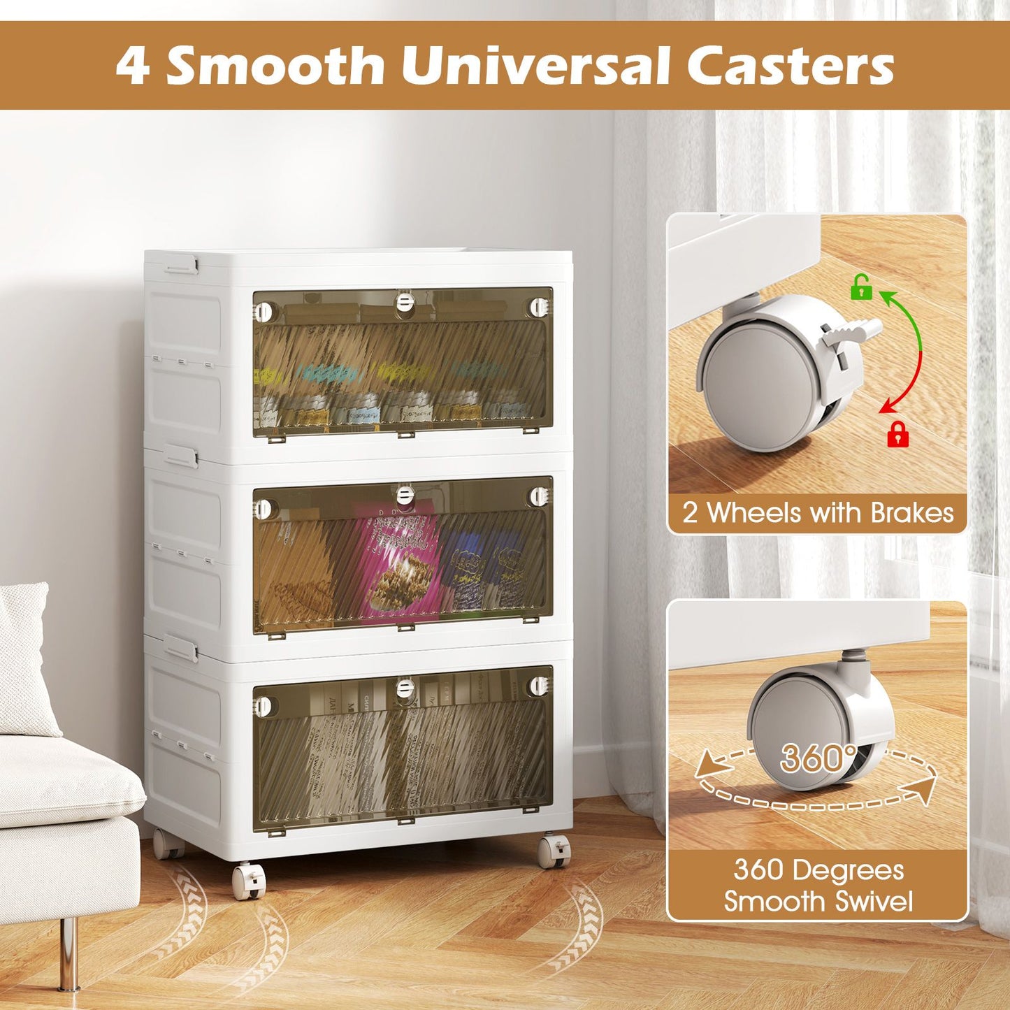 3-Tier/4-Tier Stackable Storage Bins with 3-Way-To-Open Drawers and Wheels